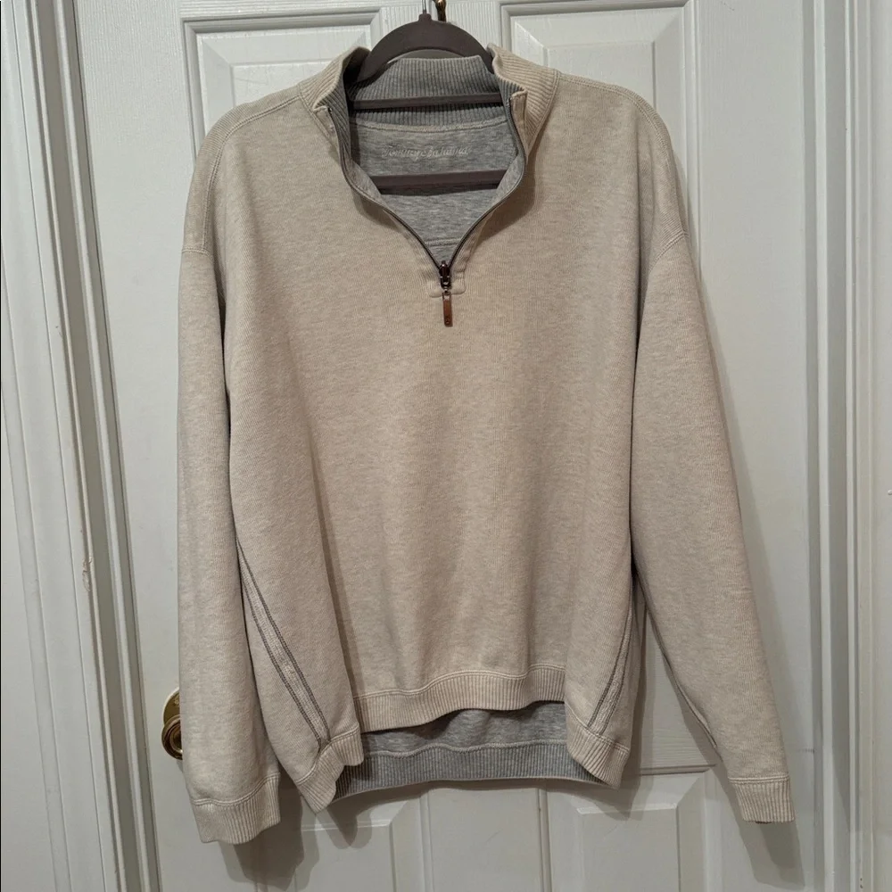 TOMMY BAHAMA RELAX ARUBA 1/4 ZIP REVERSIBLE SWEATSHIRT SZ L / BEIGE/GRAY